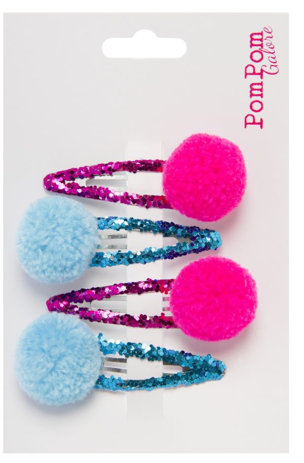 Pink and Turquoise Pompom Glitter Hair Slides By Pompom Galore